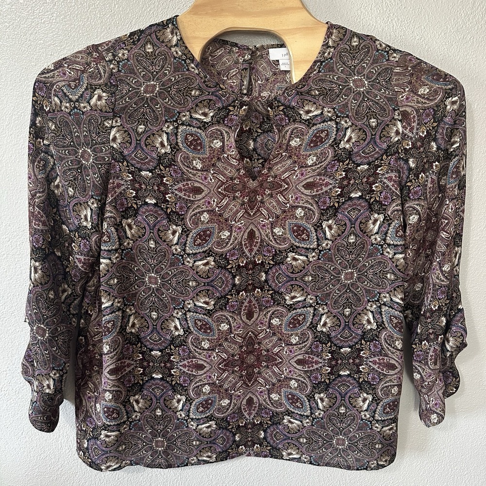 J Jill Paisley Top Large‎ Purple Beige Relaxed Fit Long Sleeve Boho Keyhole Neck